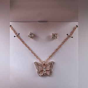 NWB Rose Gold-Tone Pink Crystal Butterfly Pendant Necklace & Stud Earrings Set